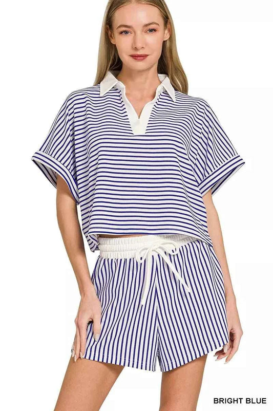 Bright Blue Striped Collared Top & Shorts Set by Zenana