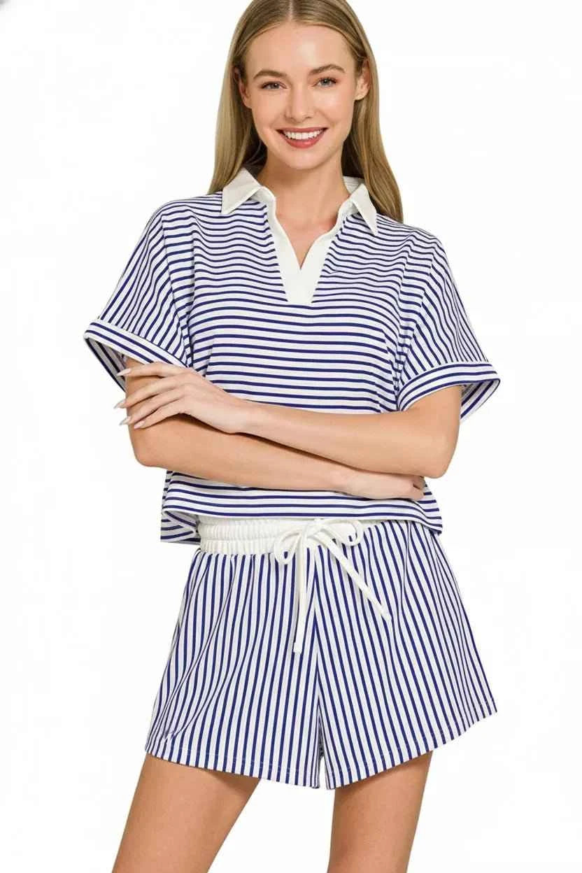 Bright Blue Striped Collared Top & Shorts Set by Zenana