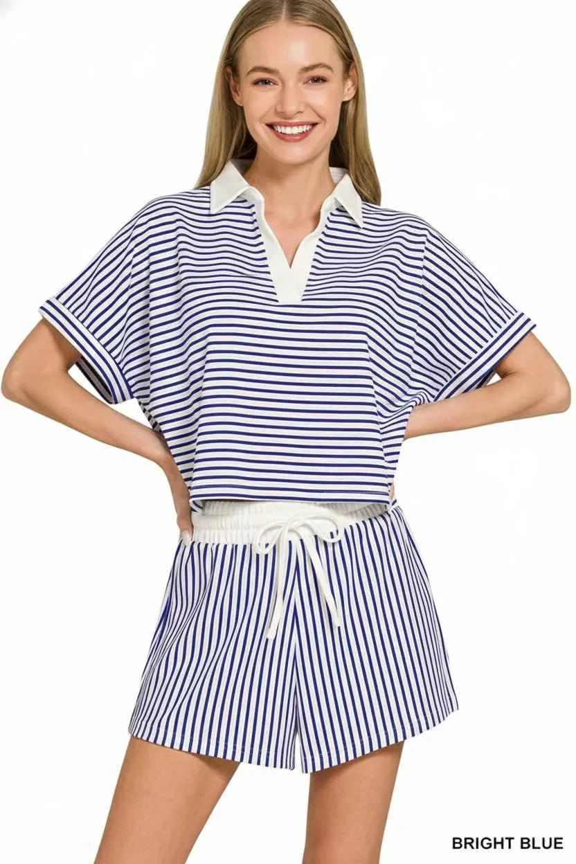Bright Blue Striped Collared Top & Shorts Set by Zenana
