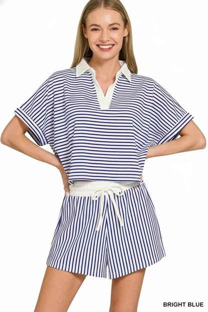 Bright Blue Striped Collared Top & Shorts Set by Zenana