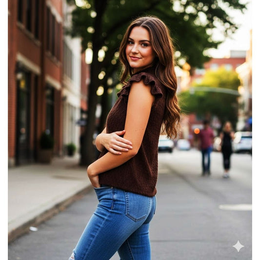 Women's Brown Ruffle Sleeve Knit Top By Voy - What Lala Loves