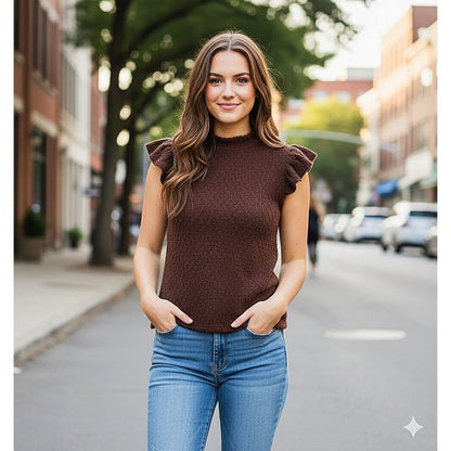 Women's Brown Ruffle Sleeve Knit Top By Voy - What Lala Loves