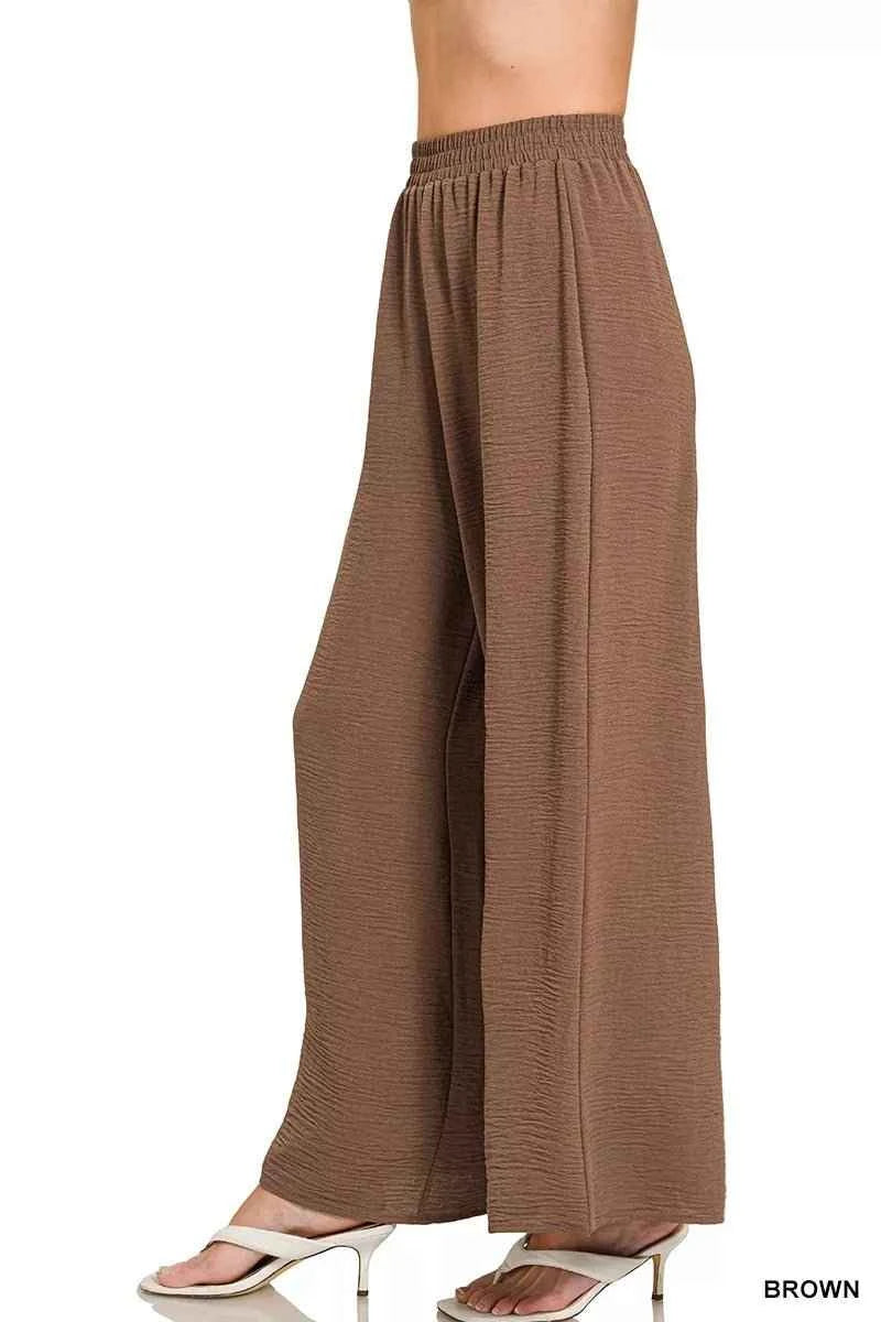 Brown Woven Airflow Elastic Waistband Lightweight Pants by Zenana