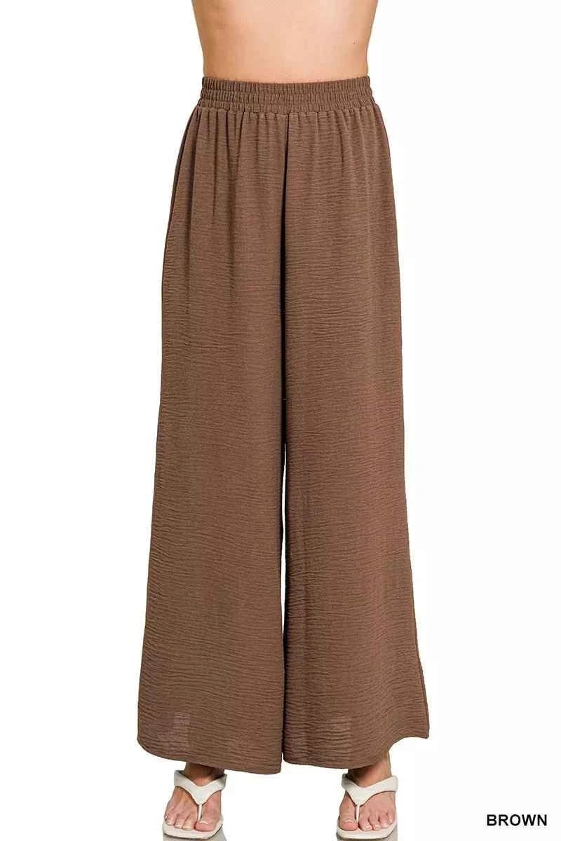 Brown Woven Airflow Elastic Waistband Lightweight Pants by Zenana
