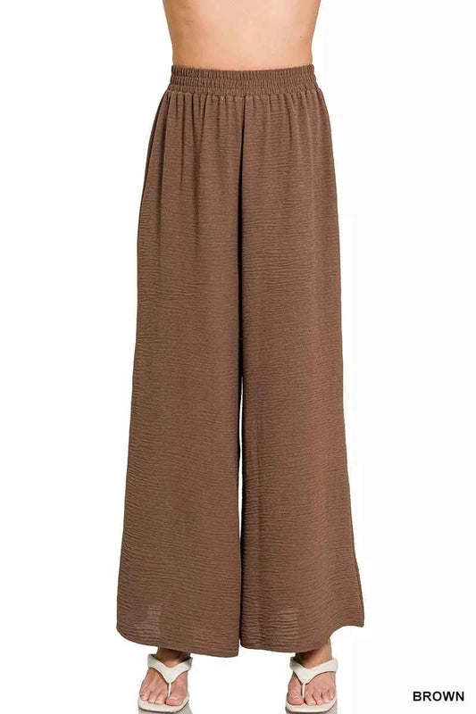Brown Woven Airflow Elastic Waistband Lightweight Pants by Zenana