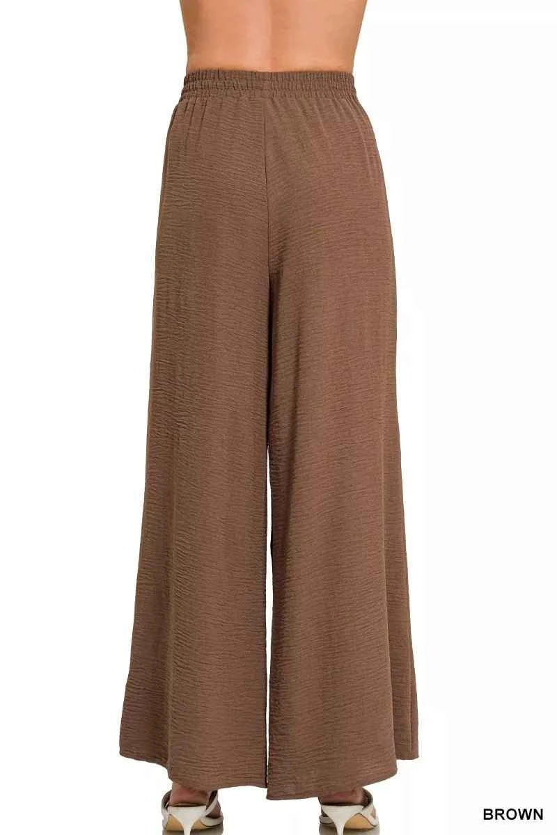 Brown Woven Airflow Elastic Waistband Lightweight Pants by Zenana