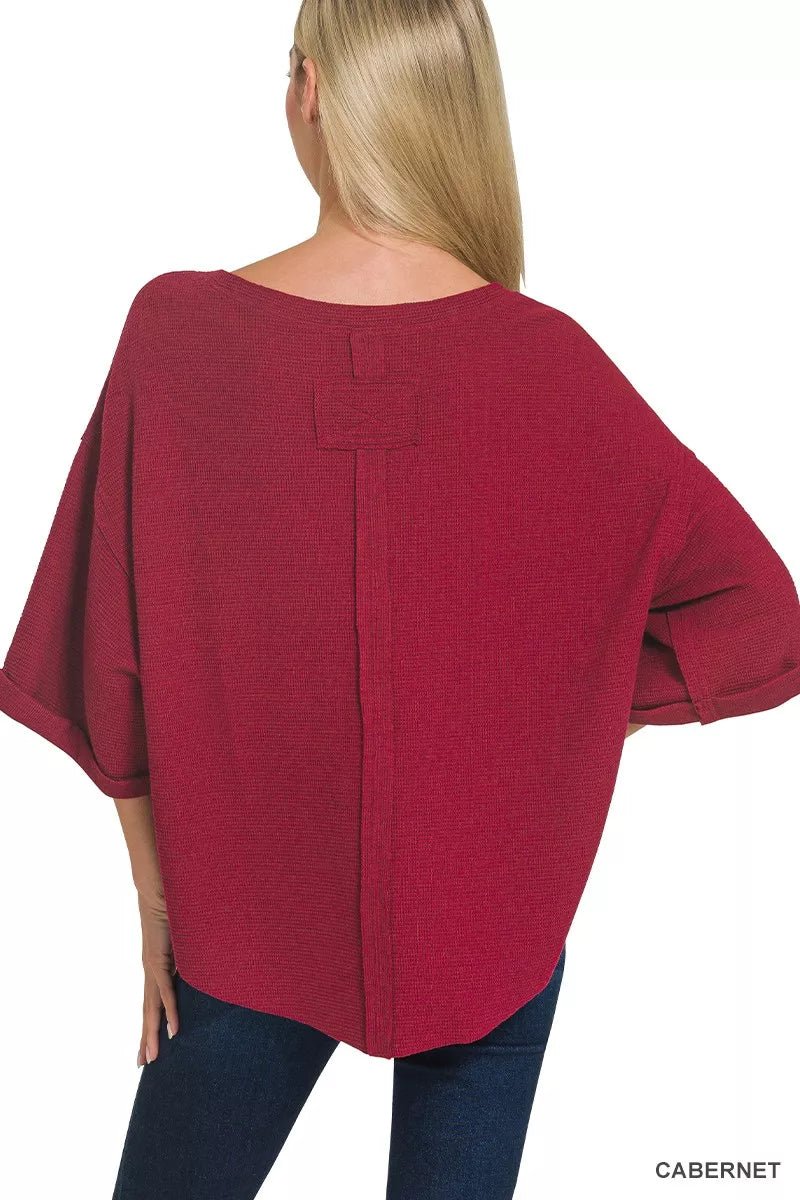 Women's Cabernet Red Double Knit Exposed Seam Curved Hem Top By Zenana - What Lala Loves