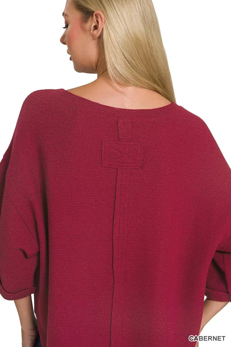 Women's Cabernet Red Double Knit Exposed Seam Curved Hem Top By Zenana - What Lala Loves