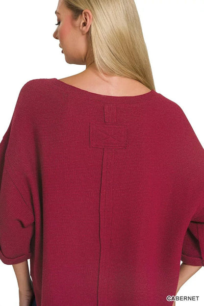 Women's Cabernet Red Double Knit Exposed Seam Curved Hem Top By Zenana - What Lala Loves