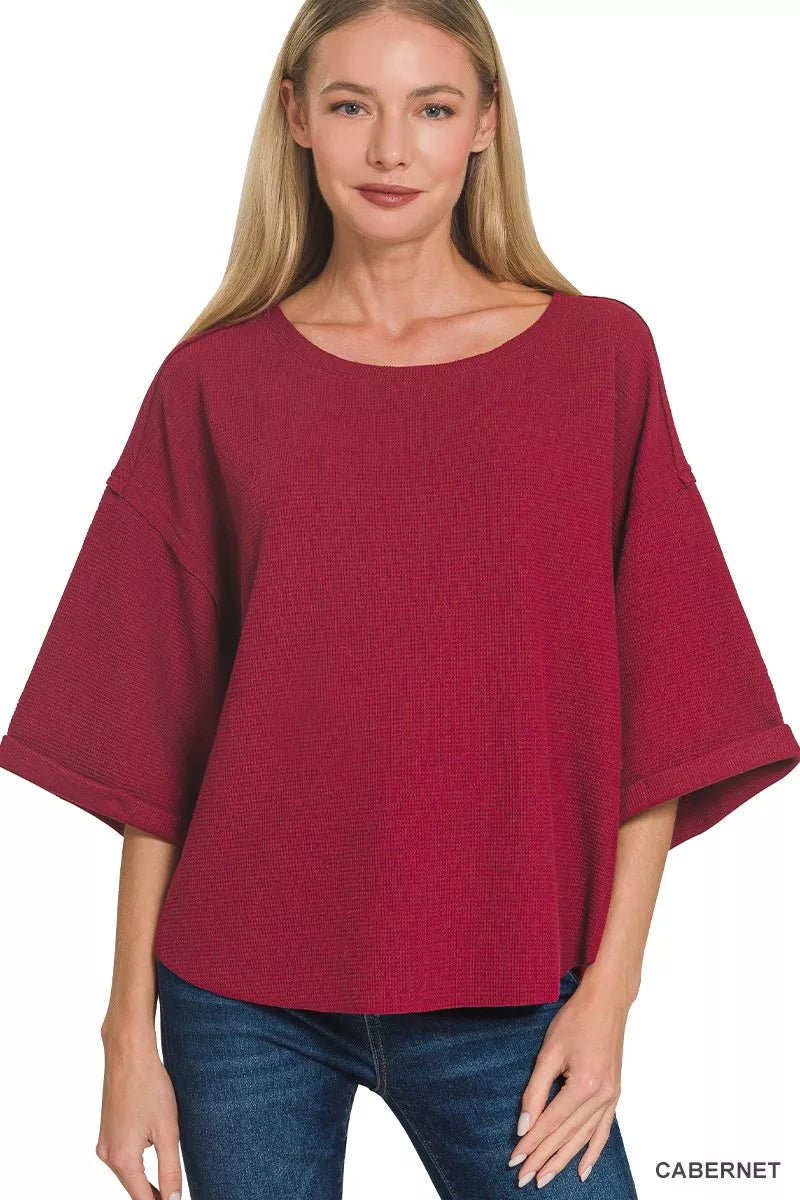 Women's Cabernet Red Double Knit Exposed Seam Curved Hem Top By Zenana - What Lala Loves