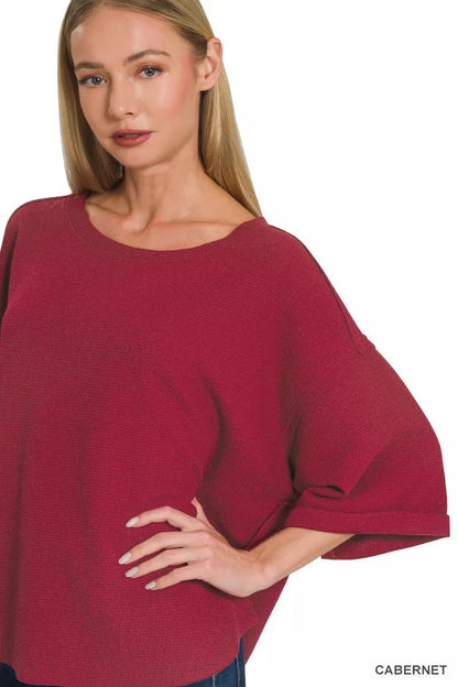Women's Cabernet Red Double Knit Exposed Seam Curved Hem Top By Zenana - What Lala Loves
