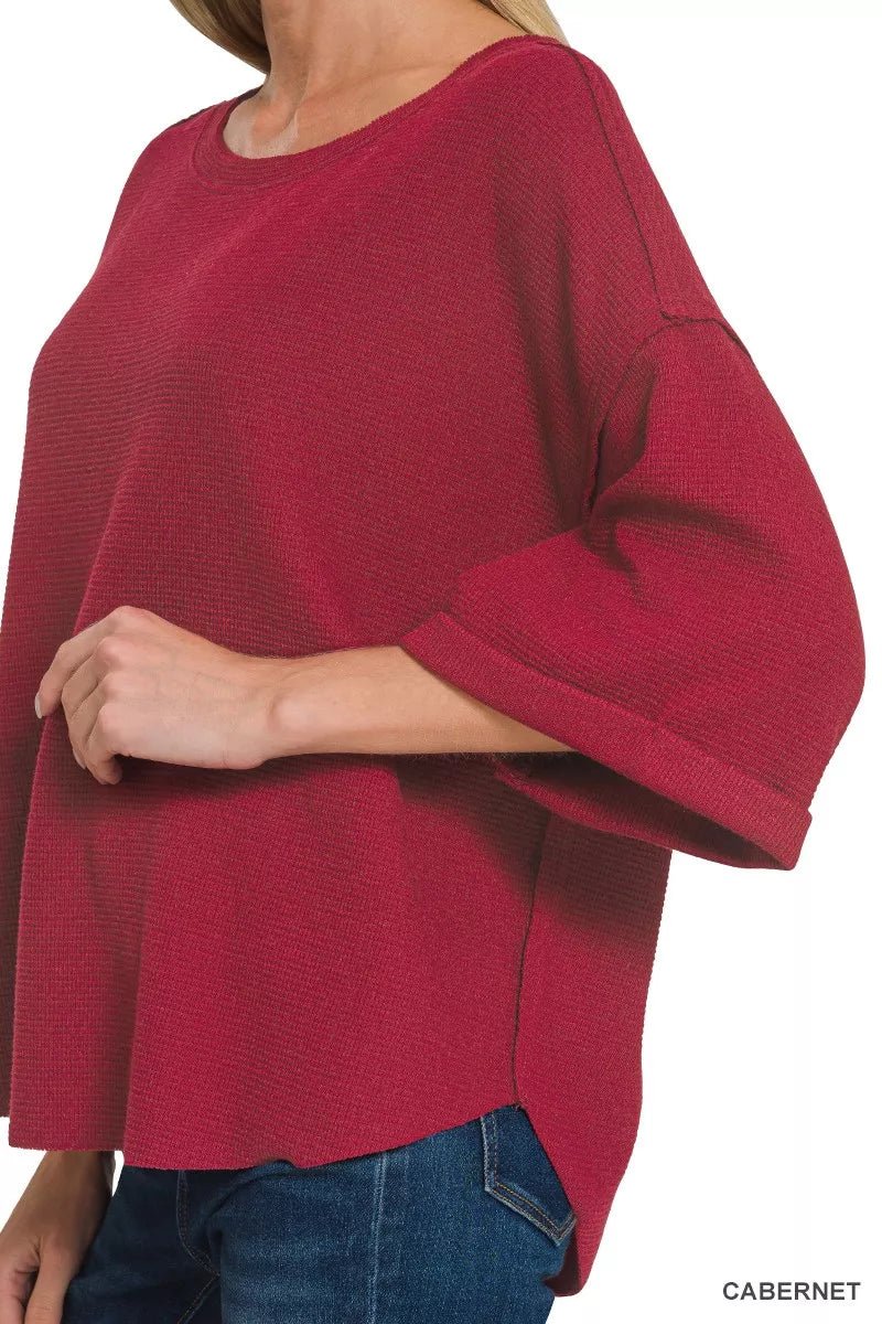 Women's Cabernet Red Double Knit Exposed Seam Curved Hem Top By Zenana - What Lala Loves