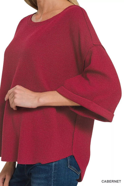 Women's Cabernet Red Double Knit Exposed Seam Curved Hem Top By Zenana - What Lala Loves