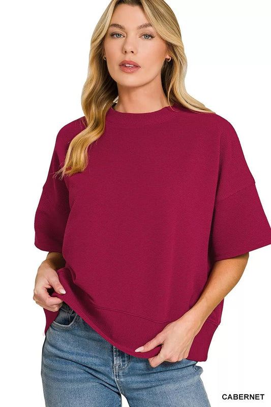 Women's Cabernet Ribbed Round Neck Waist Banded T-Shirt by Zenana - What Lala Loves