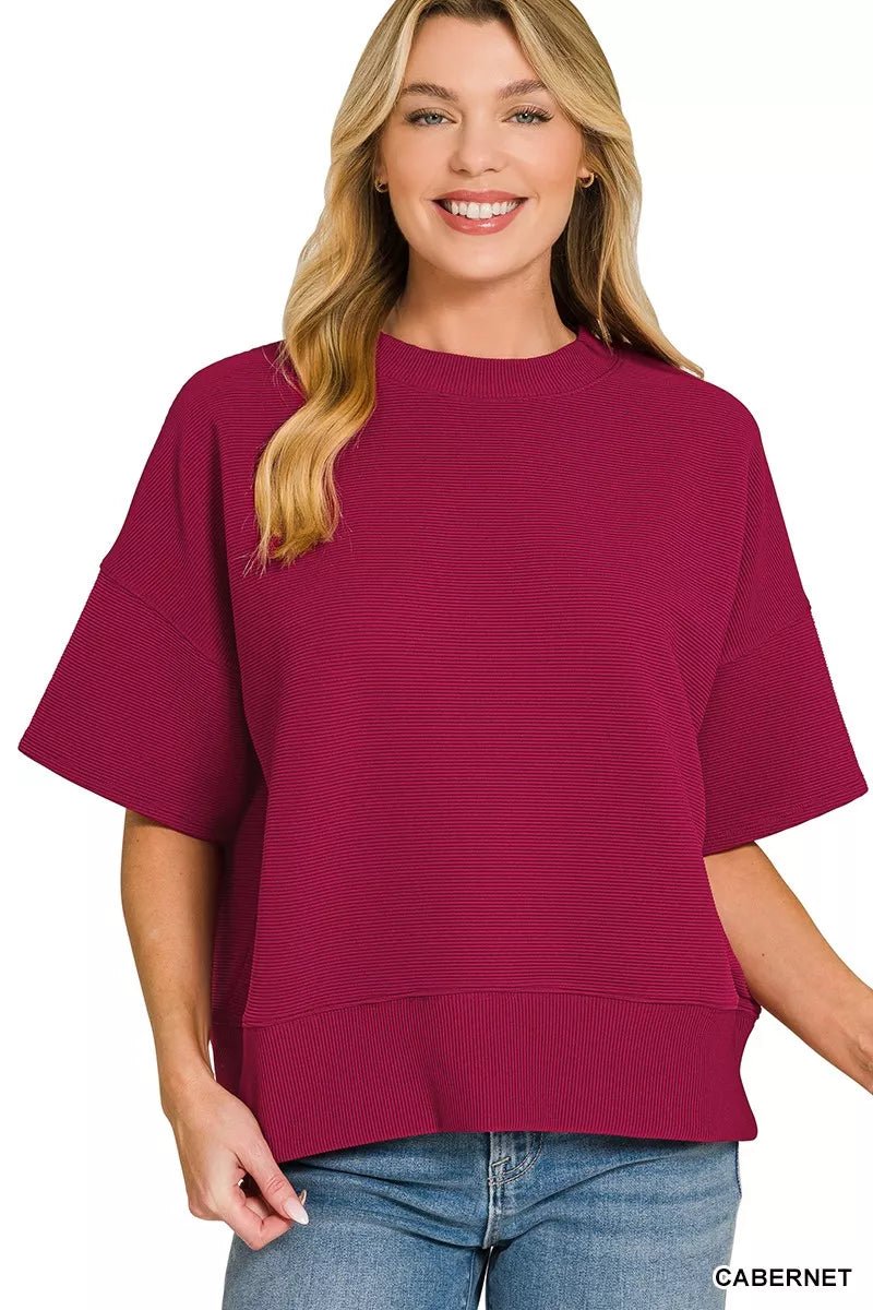 Women's Cabernet Ribbed Round Neck Waist Banded T-Shirt by Zenana - What Lala Loves