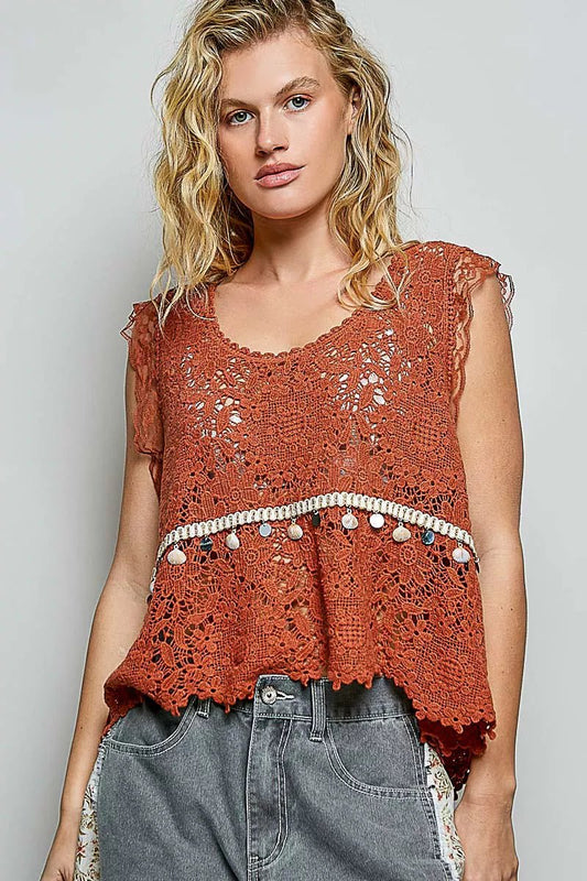Women's Ginger Lace Trim Openwork V - Neck Crochet Tank with Scalloped Edge by POL - What Lala Loves