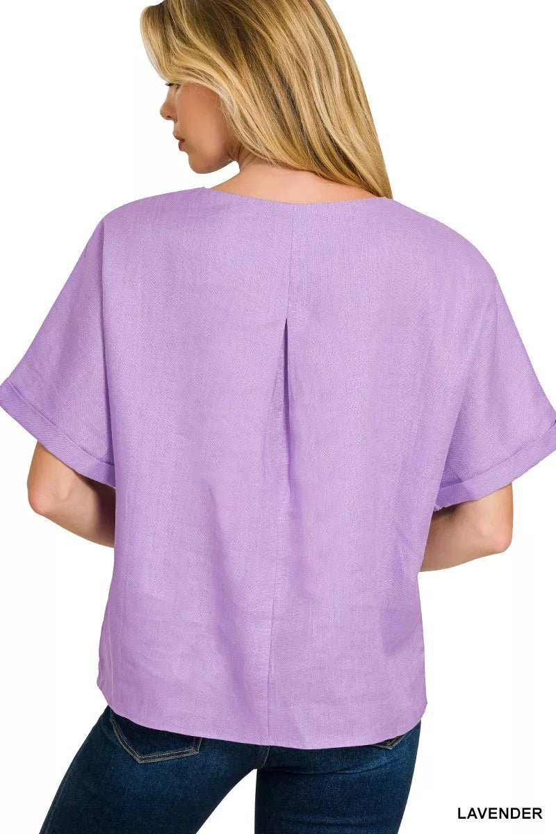 Women's Lavender 100% Linen Round Neck Cuffed Sleeve Top By Zenana - What Lala Loves