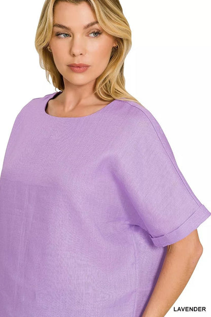 Women's Lavender 100% Linen Round Neck Cuffed Sleeve Top By Zenana - What Lala Loves