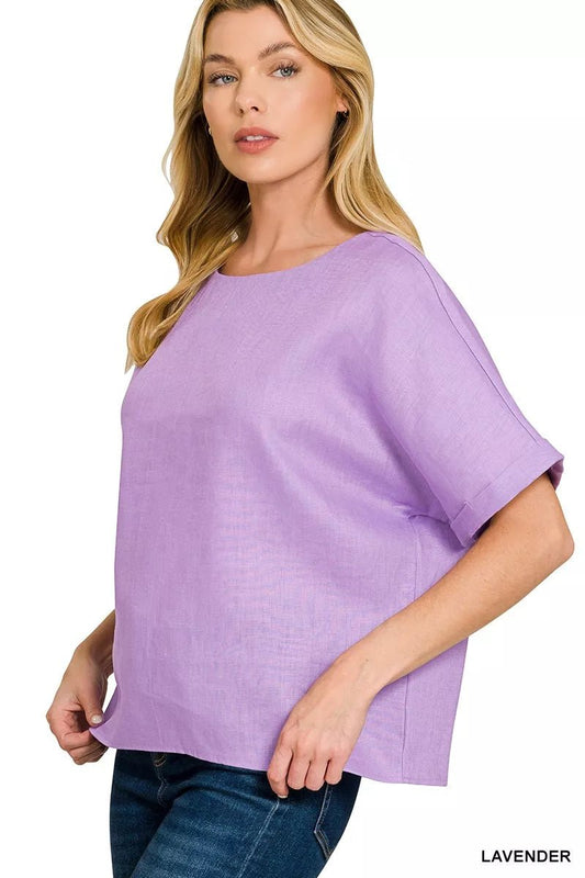 Women's Lavender 100% Linen Round Neck Cuffed Sleeve Top By Zenana - What Lala Loves