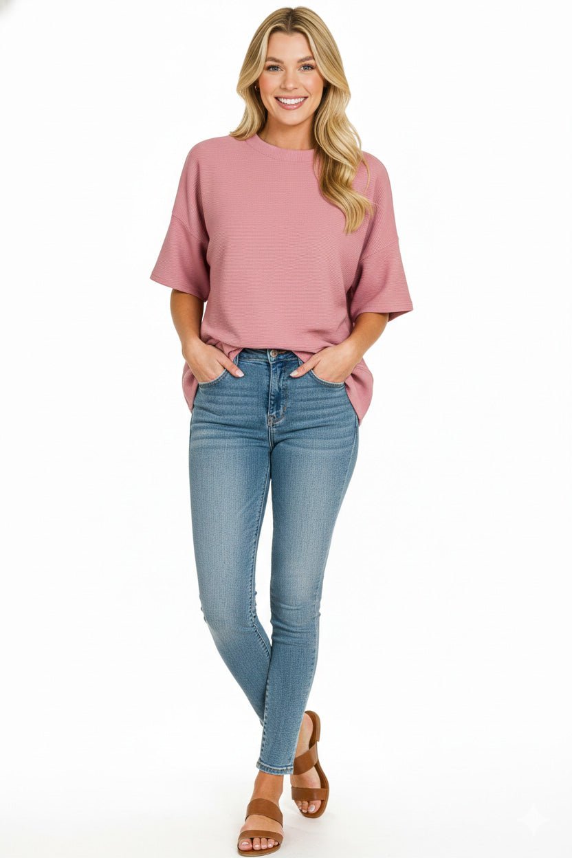 Women's Light Pink Ribbed Round Neck Waist Banded T-Shirt By Zenana - What Lala Loves