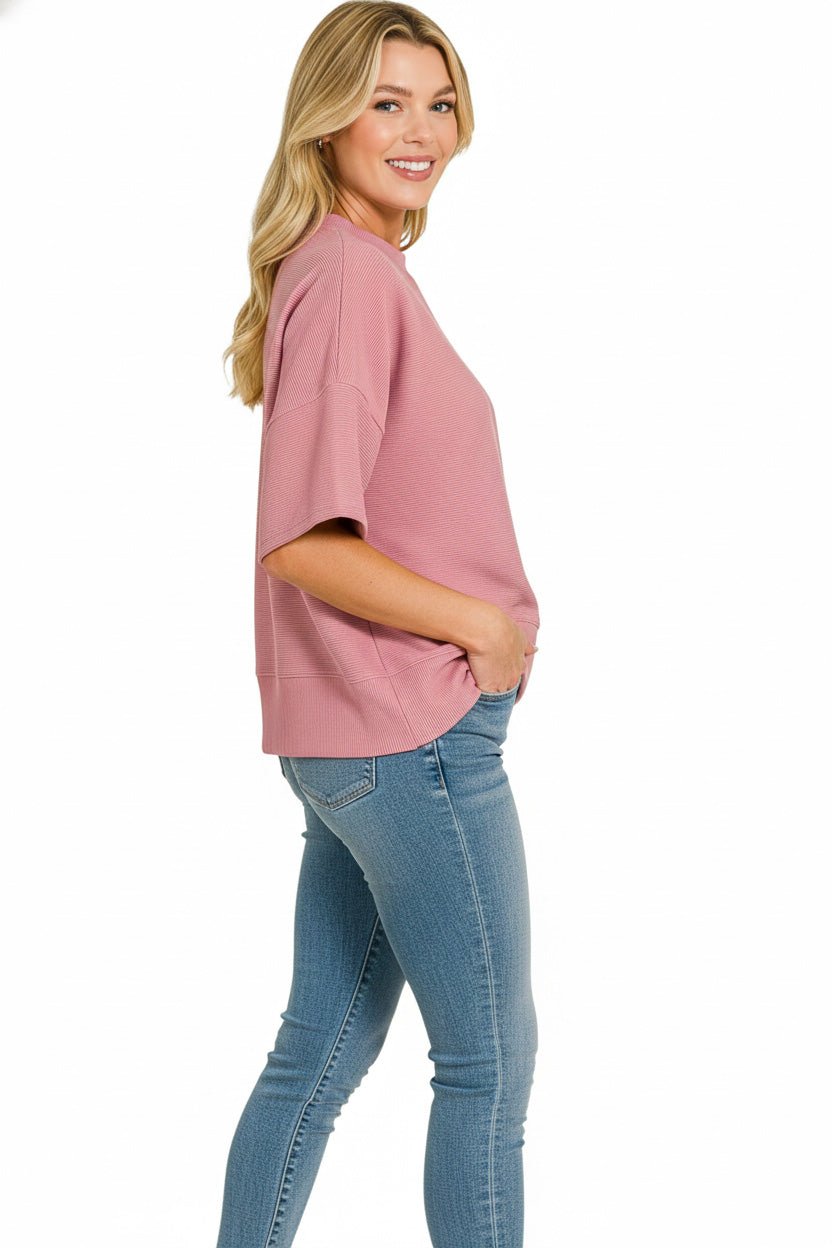 Women's Light Pink Ribbed Round Neck Waist Banded T-Shirt By Zenana - What Lala Loves