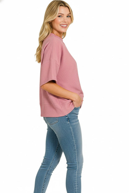 Women's Light Pink Ribbed Round Neck Waist Banded T-Shirt By Zenana - What Lala Loves