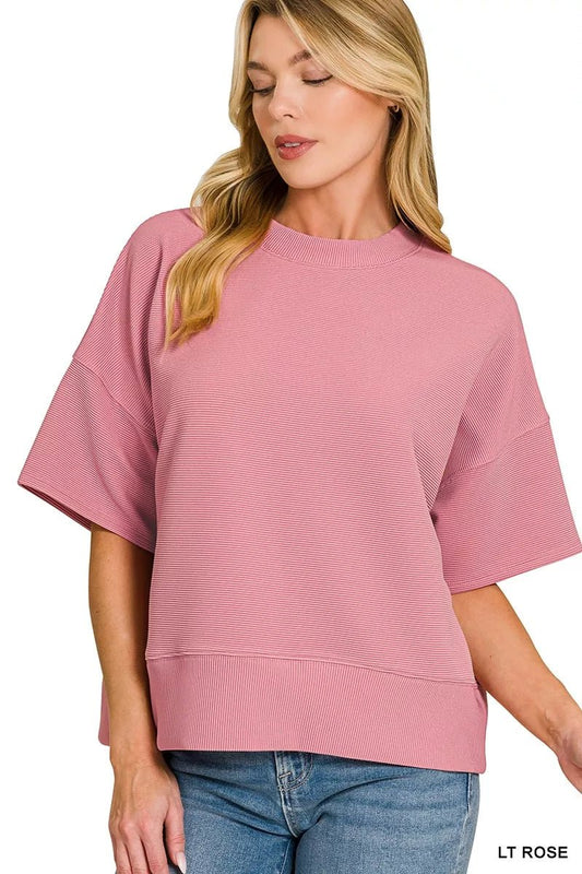 Women's Light Pink Ribbed Round Neck Waist Banded T-Shirt By Zenana - What Lala Loves