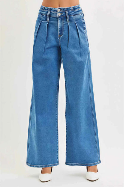 Women's Mid Rise Wide Leg Jeans with Pleated Detail by Risen