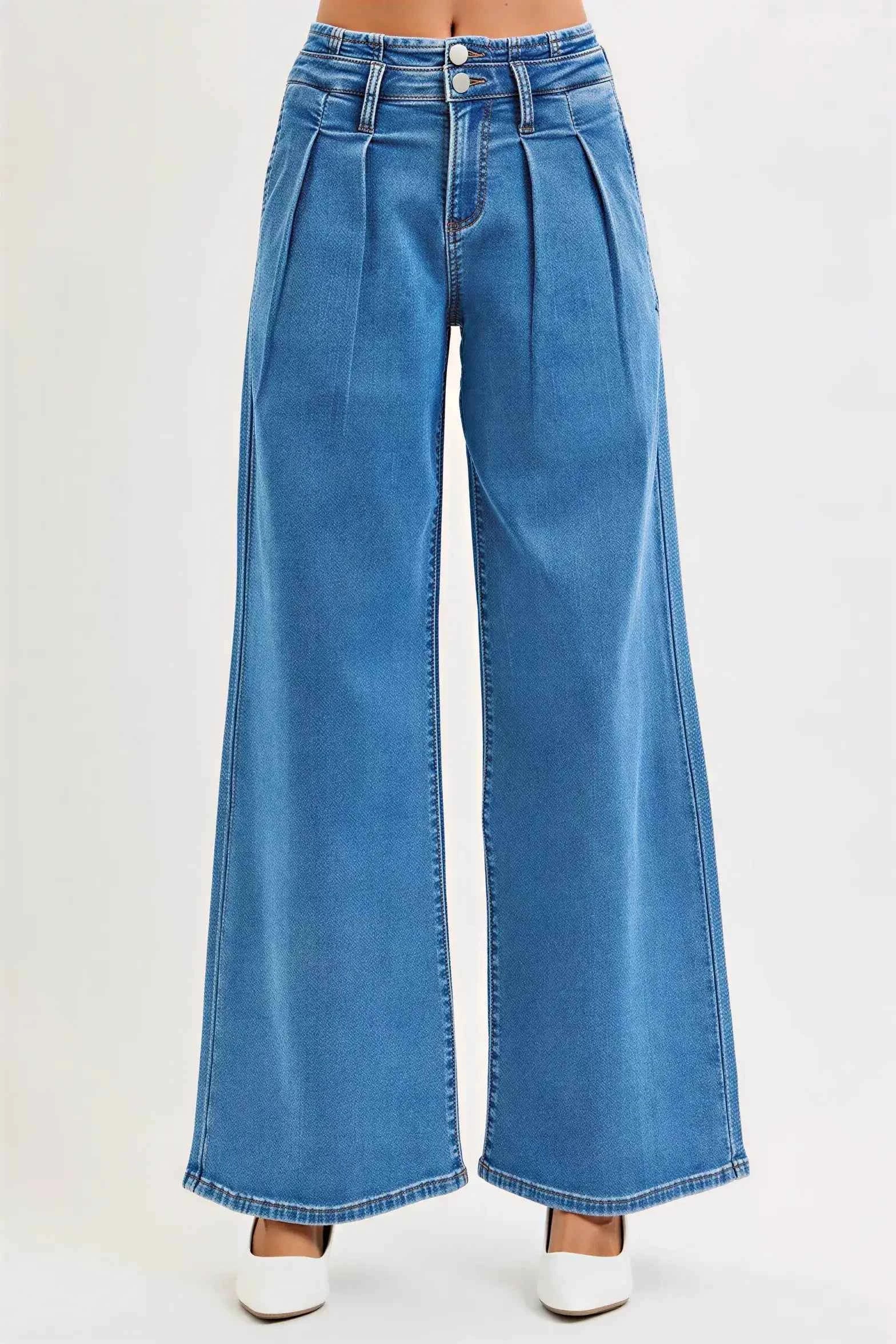 Women's Mid Rise Wide Leg Jeans with Pleated Detail by Risen