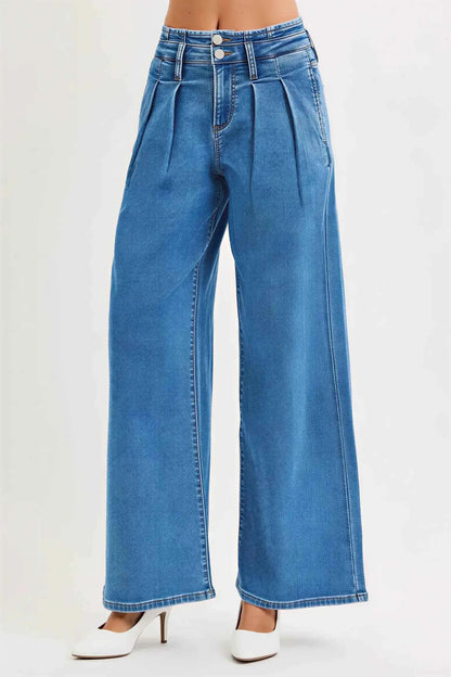 Women's Mid Rise Wide Leg Jeans with Pleated Detail by Risen