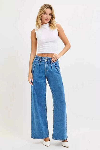 Women's Mid Rise Wide Leg Jeans with Pleated Detail by Risen