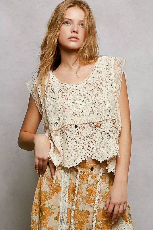 Women's Natural Lace Trim Openwork V - Neck Crochet Tank with Scalloped Edge by POL - What Lala Loves