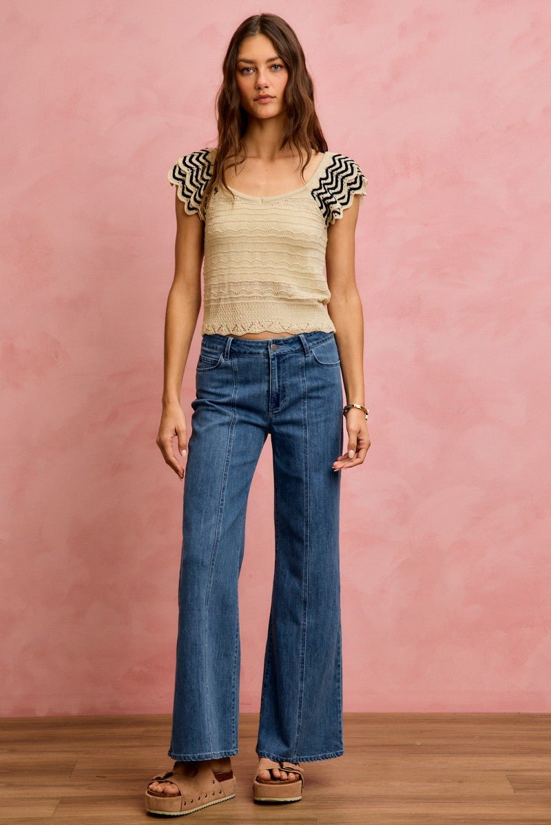 Women's Oatmeal Wavy Textured Knit Top with Fluttered Sleeves by So Me - What Lala Loves