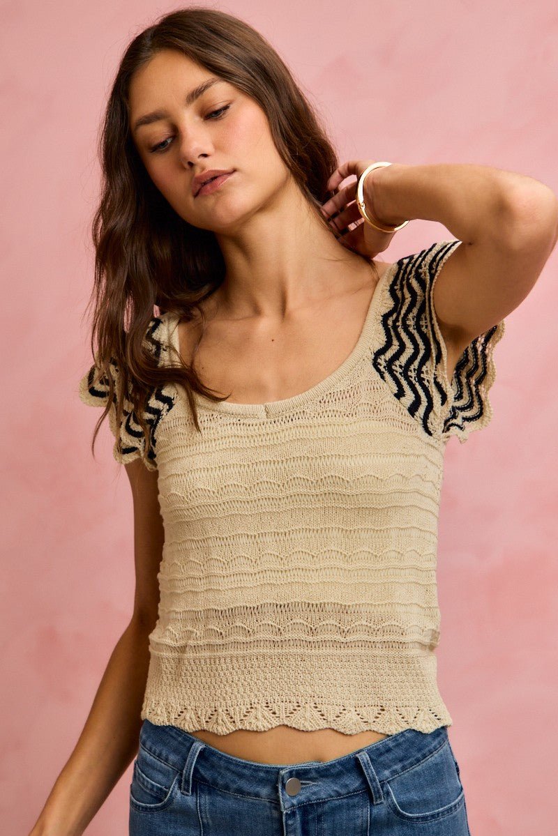 Women's Oatmeal Wavy Textured Knit Top with Fluttered Sleeves by So Me - What Lala Loves