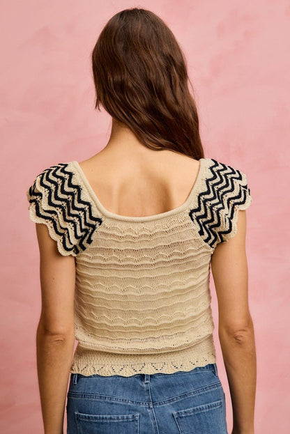 Women's Oatmeal Wavy Textured Knit Top with Fluttered Sleeves by So Me - What Lala Loves
