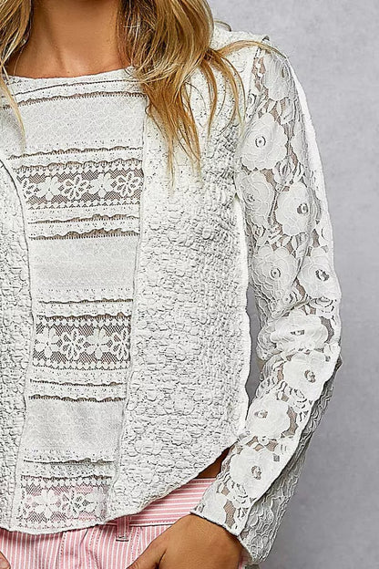 Women's Off White Round Neck Long Sleeve Exposed Seam Top with Lace Detail by POL - What Lala Loves
