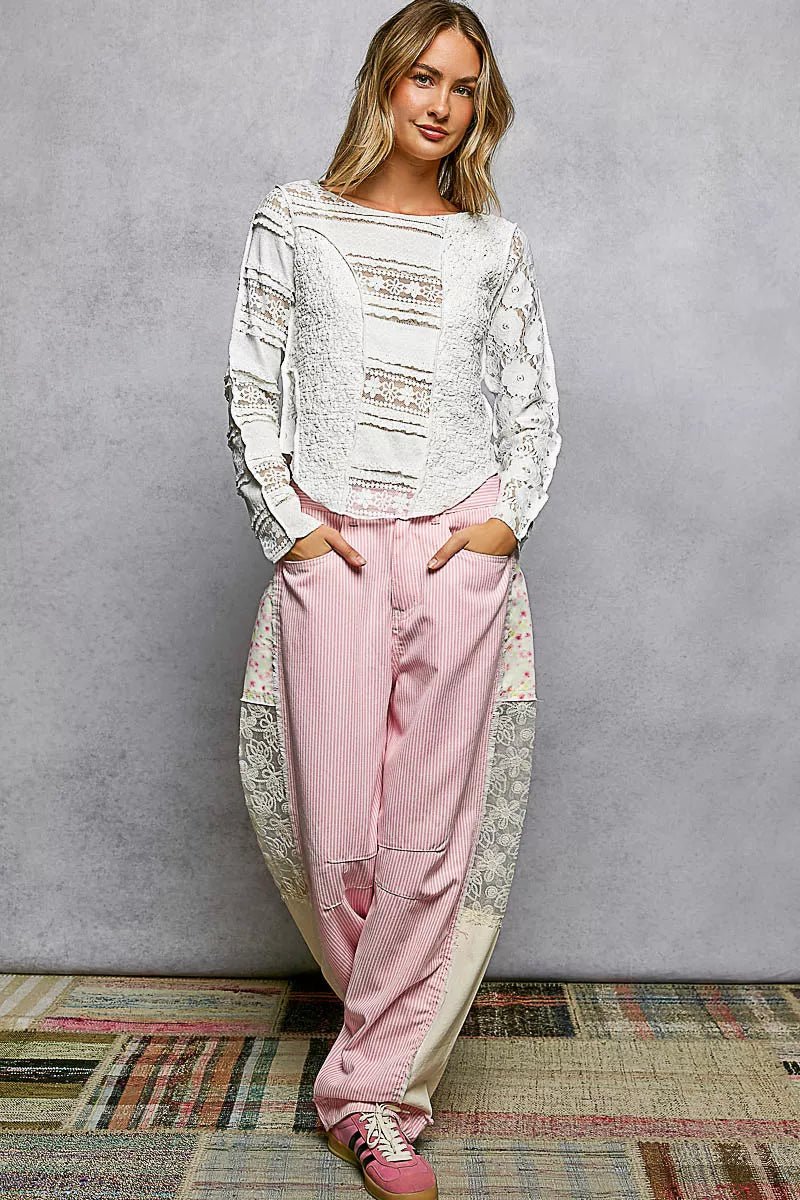 Women's Off White Round Neck Long Sleeve Exposed Seam Top with Lace Detail by POL - What Lala Loves