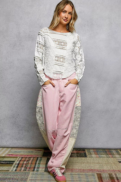 Women's Off White Round Neck Long Sleeve Exposed Seam Top with Lace Detail by POL - What Lala Loves