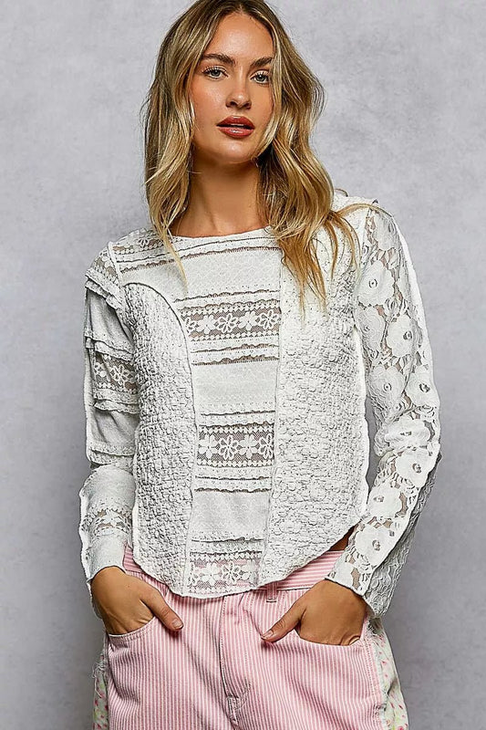 Women's Off White Round Neck Long Sleeve Exposed Seam Top with Lace Detail by POL - What Lala Loves