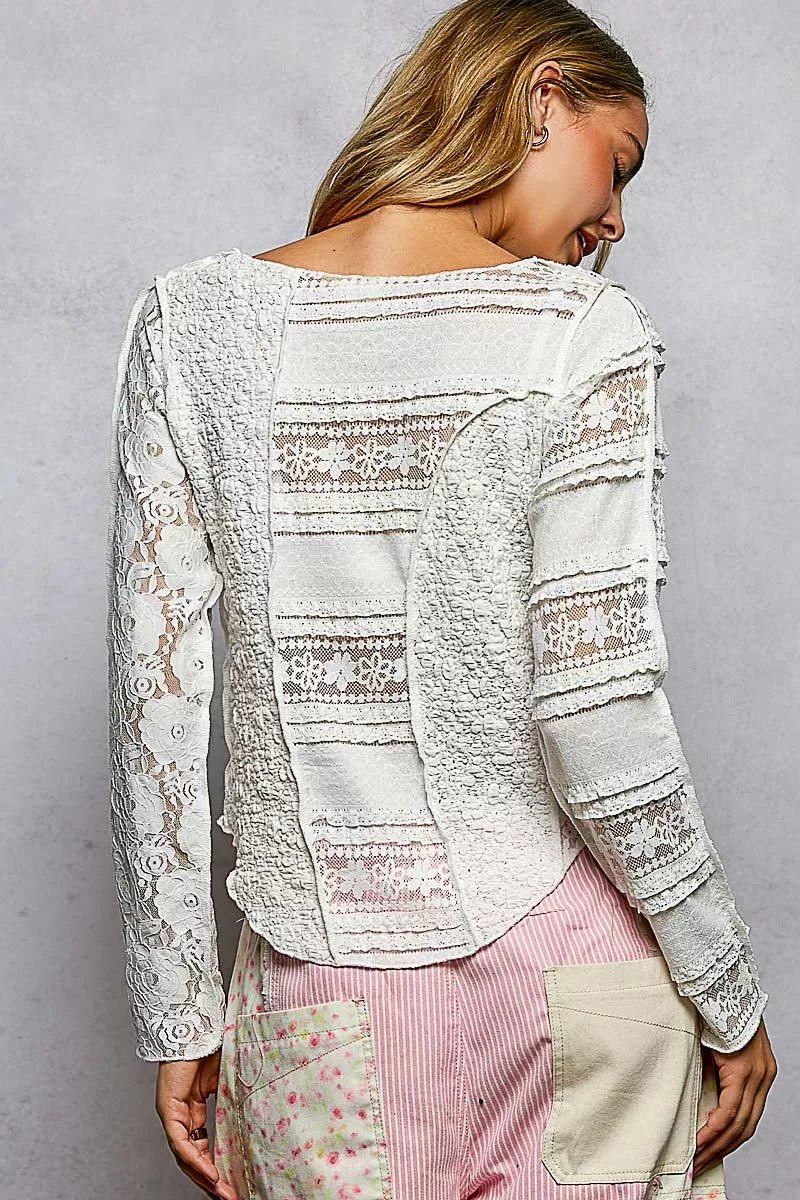 Women's Off White Round Neck Long Sleeve Exposed Seam Top with Lace Detail by POL - What Lala Loves