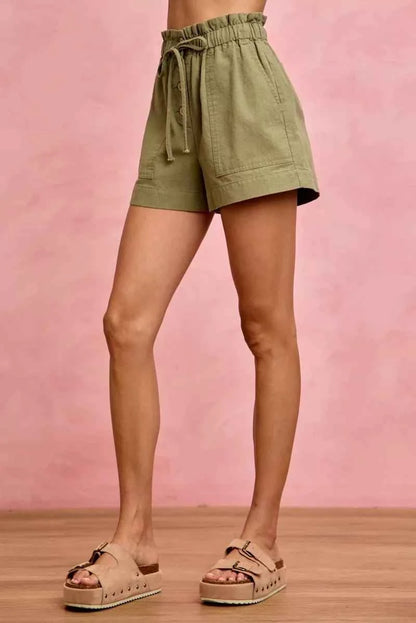 Olive Paper Bag Patch Pocket Drawstring Twill Shorts by So Me