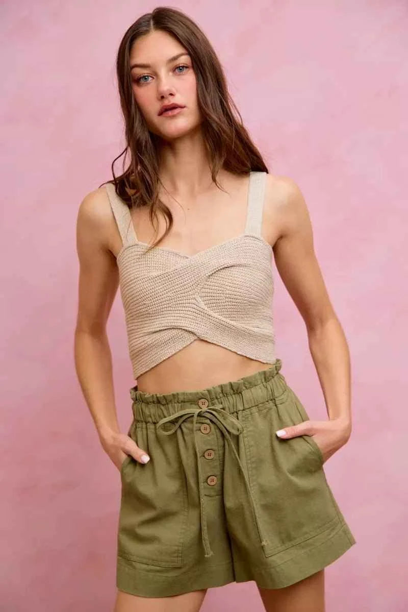 Olive Paper Bag Patch Pocket Drawstring Twill Shorts by So Me