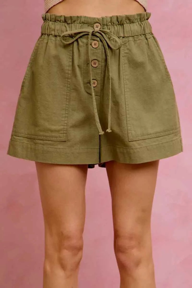 Olive Paper Bag Patch Pocket Drawstring Twill Shorts by So Me