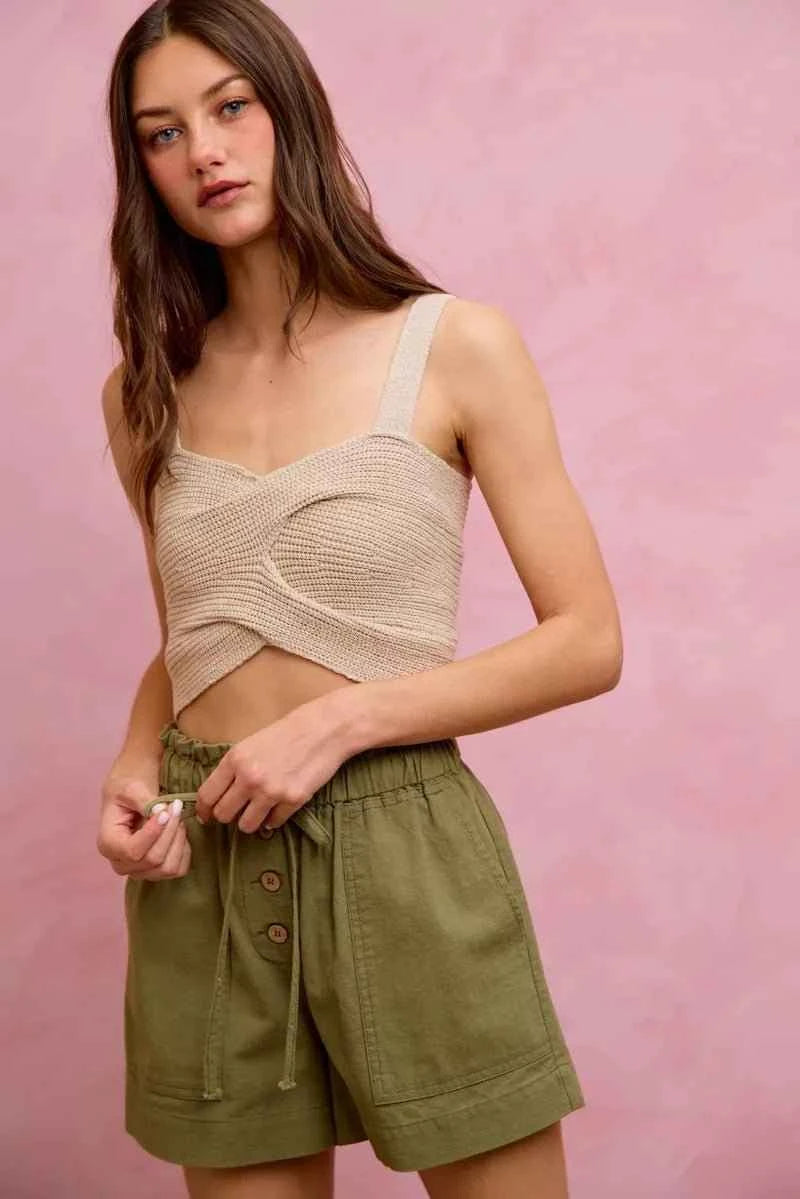 Olive Paper Bag Patch Pocket Drawstring Twill Shorts by So Me