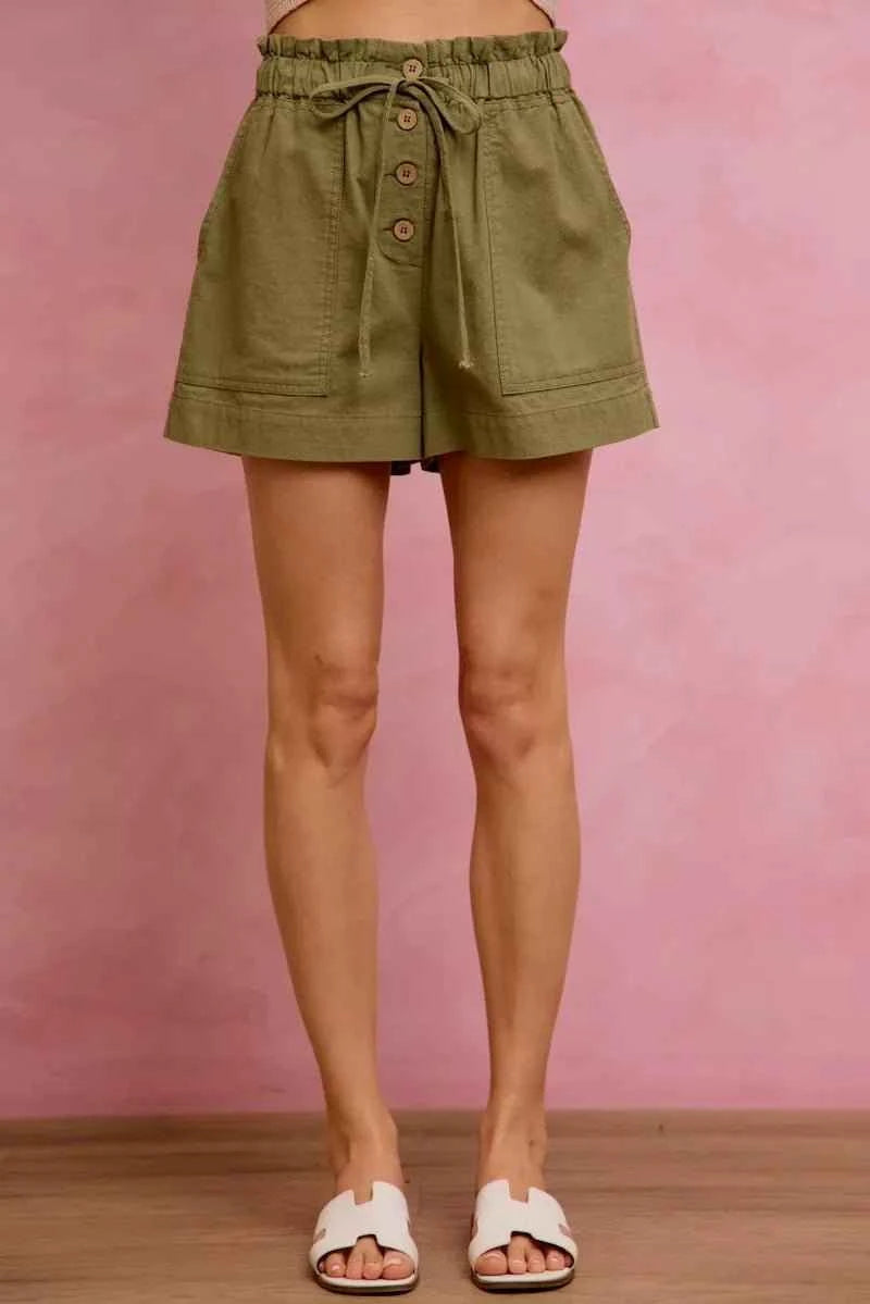 Olive Paper Bag Patch Pocket Drawstring Twill Shorts by So Me