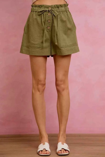 Olive Paper Bag Patch Pocket Drawstring Twill Shorts by So Me