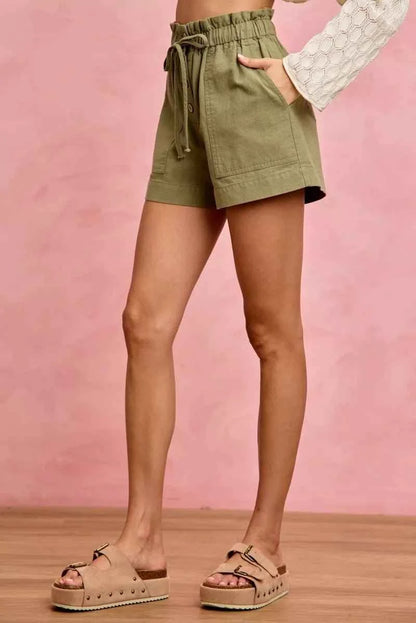 Olive Paper Bag Patch Pocket Drawstring Twill Shorts by So Me