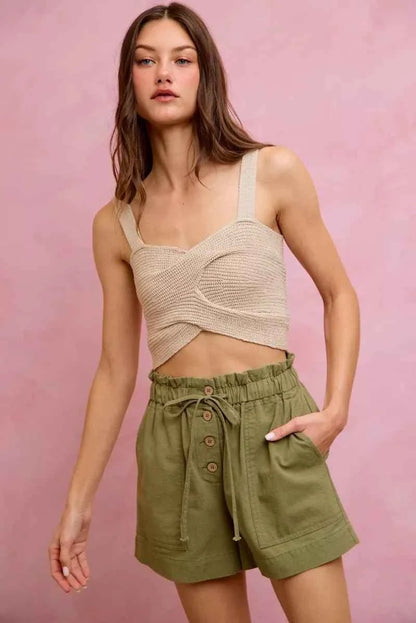 Olive Paper Bag Patch Pocket Drawstring Twill Shorts by So Me