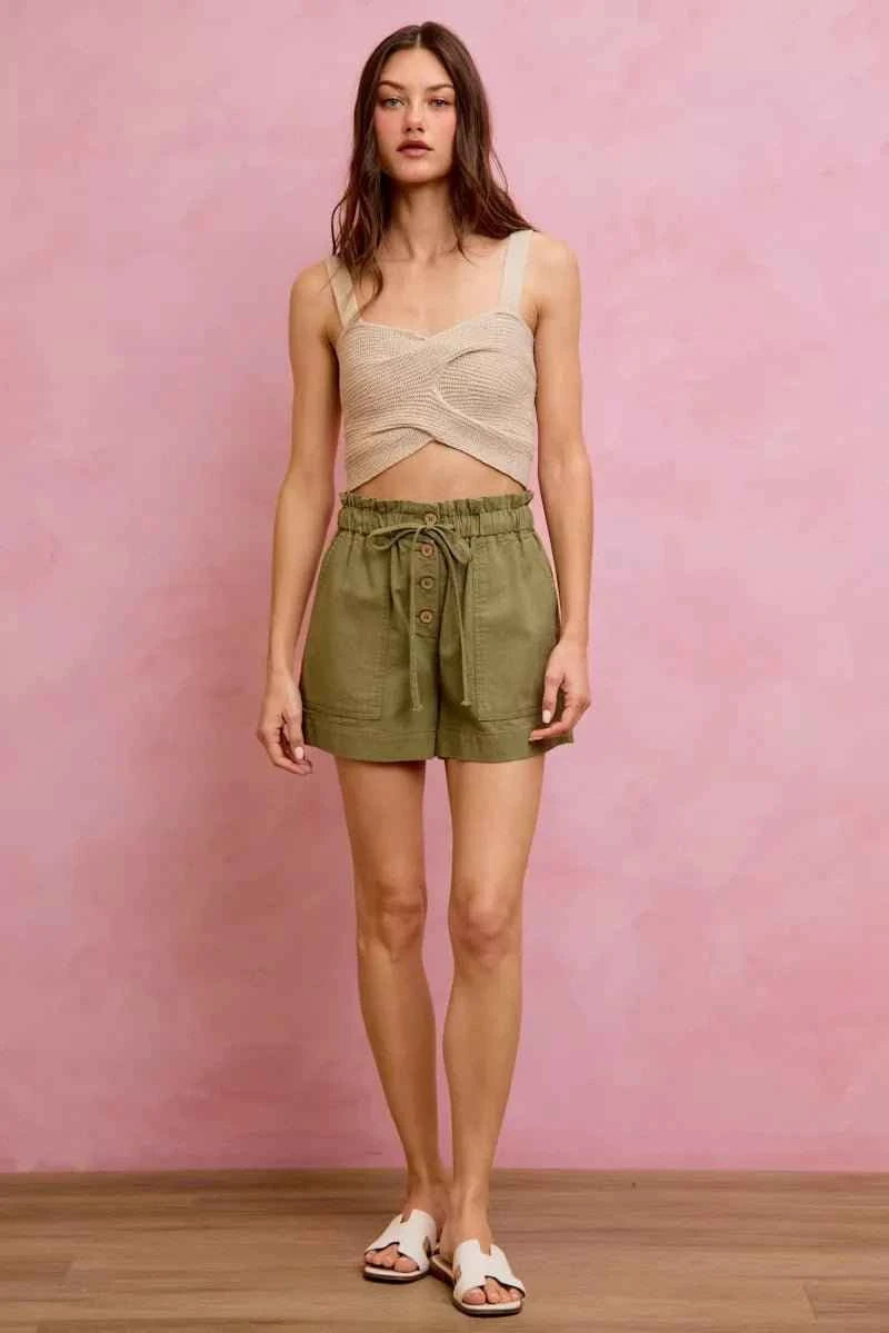 Olive Paper Bag Patch Pocket Drawstring Twill Shorts by So Me