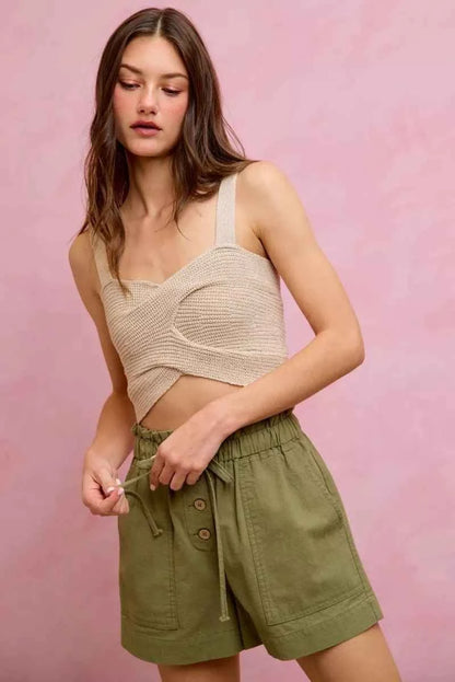 Olive Paper Bag Patch Pocket Drawstring Twill Shorts by So Me